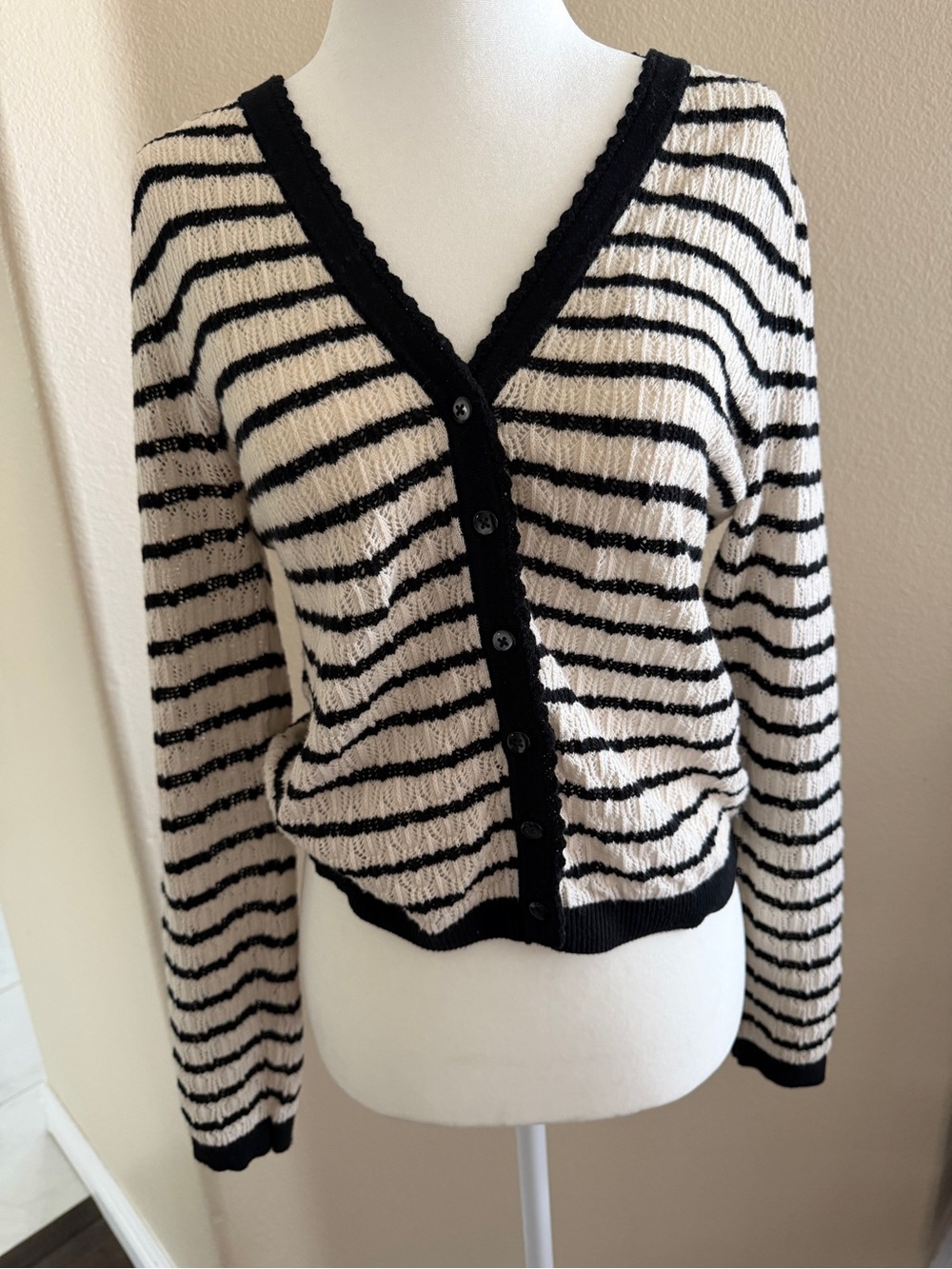 Old Navy Black & Cream Striped V-Neck Button Cardigan